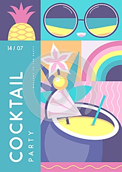 Retro flat summer disco party poster with summer attributes. Pina colada cocktail , tropic fruits and sunglasses.