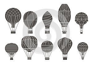 Retro flight aerostat air balloon travel basket airship cartoon isolated on white icons set cartoon silhouette design