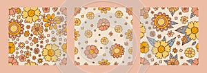 Retro floral groovy vector seamless patterns surface design