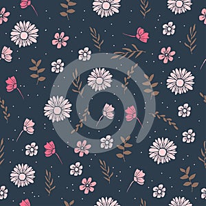 Retro floral pattern. hand drawn vector. seamless pattern with pink flower and brown leaf illustration on navy background. beautif