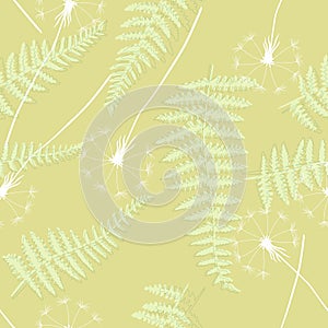 Retro floral seamless background, wallpaper with dandelions and ferns