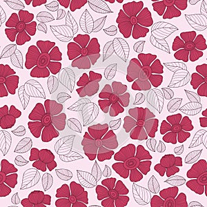 Retro floral seamless pattern with magenta groovy flower on pink background. Vector Illustration. Aesthetic modern art