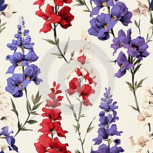 Retro Floral Seamless Pattern With Red, White, And Blue Flowers