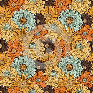 Retro flower pattern. Hippie 70s floral repeat background. Warm abstract floral print, fabric design. Vintage seamless
