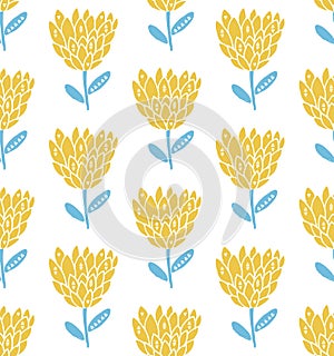 Retro flower seamless pattern, scandinavian style. Pastel yellow and blue colors. Nature texture.