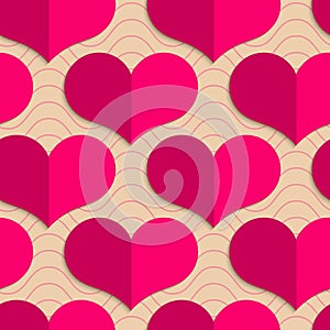 Retro fold pink hearts on waves