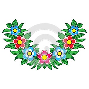 Polish folk art vector floral design - Zalipie decorative pattern with flowers and leaves - half round wreath