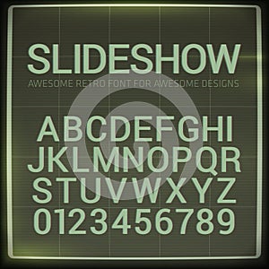 Retro font with blur effect. Vector distorted retro slide projector screen tiltle alphabet.