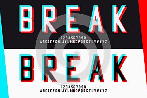 Glitch san-serif letters and numbers. Glitched alphabet design. Font with distortion and blue-red glitch effect. Vector photo