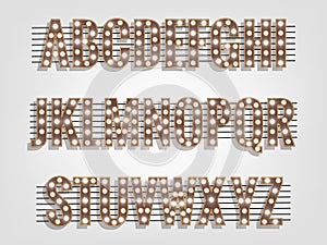 Retro font with light bulbs. Shiny letters