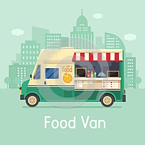 Retro Food Van on City Background