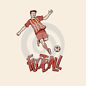 Retro football soccer in sports uniform going to penalty kick ball. Vintage footballer motion. Vector outline