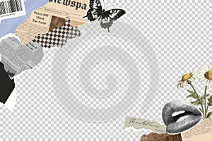 Retro frame isolated on transparent background. Collage elements of torn newspaper, retro flower, butterfly stamp, rip