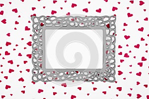 Retro frame on red hearts background with copy space