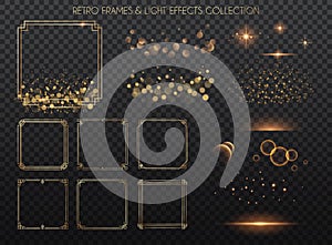 Retro frames and light effects collection.  Copper lights effects. Sparkle and glitter. Vector illustration