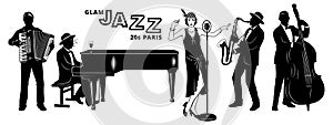 Retro French Jazz Band of 20s. Flapper girl singer, Pianist, Accordionist, Double Bassist, Saxophonist