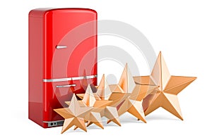 Retro fridge with five golden stars. Customer rating of refrigerators. 3D rendering