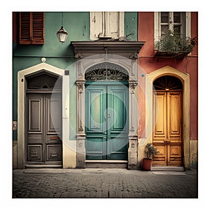 Retro front doors to houses. AI generative illustration of grey, green, brown wooden home entrance doors, view from old