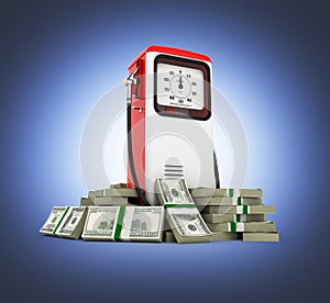 Retro fuel pump surrounded by 100 dollar bankrolls Concept of gasoline prices Retro fuel pump in pile of money american dollar