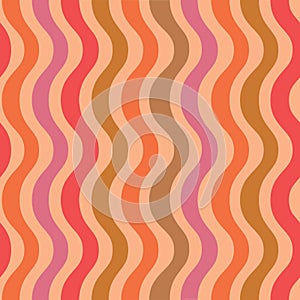 Retro funky horizontal thin waves seamless pattern in orange, pink, red ,beige and green