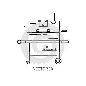 Retro furniture, compact bbq grill and smokehouse vector line icon. Summer travel vacation, tourism, camping equipment