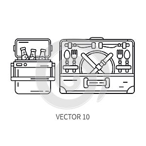 Retro furniture, compact picnic basket and refrigerator line icon. Summer travel vacation, tourism, camping equipment