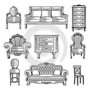 Retro furniture. Interior vintage objects sofa chair bed engraving pictures of wardrobe recent vector hand drawn