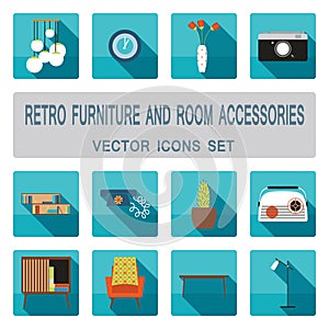 Retro furniture and room accessories with shadows vector icons set. Home furniture icons set