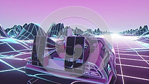 Retro future, 80s style Sci-Fi Background. Futuristic car. Seamless loop 3d video animation