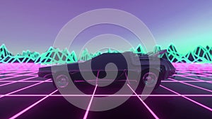 Retro future. 80s style sci-fi background with supercar. Futuristic retro car. Seamless loop 3D video animation