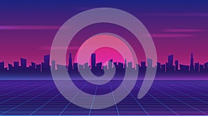 Retro future 80s style sci-fi wallpaper. Futuristic night city. Cityscape on a dark background with bright and glowing neon purple