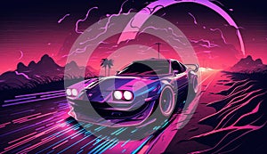 retro future. Sci-fi background in 80s style with supercar. Futuristic retro car. retro futuristic synth illustration in 1980s