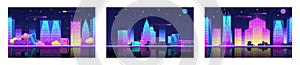 Retro future. Urban scene. Night city landscape neon pixel background