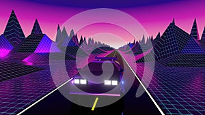 Retro, futuristic 80`s design - car on a road. 3D 4k digital animation 3840 x 2160 px