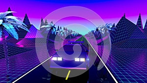 Retro, futuristic 80`s design - car on a road, palm trees. 3D 4k digital animation 3840 x 2160 px