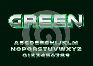 Retro Futuristic 80s font style. Vector alphabet with silver green chrome effect template for game title, poster headline, old