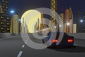 Retro-futuristic 80s style drive with night city background. Moving car on a highway road.