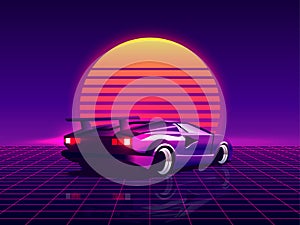 Retro futuristic back side view 80s supercar on trendy synthwave, vaporwave, cyberpunk sunset background. Back to 80s concept.