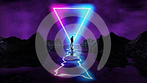 Retro futuristic background for game with man silhouette. Music 3d dance galaxy poster. 80s background disco. Neon