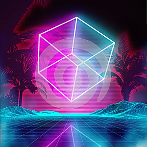 Retro futuristic background for game. Music 3d dance galaxy poster. 80s background disco. Neon cube synthwave digital