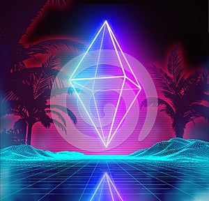 Retro futuristic background for game. Music 3d dance galaxy poster. 80s background disco. Neon rhombus synthwave digital