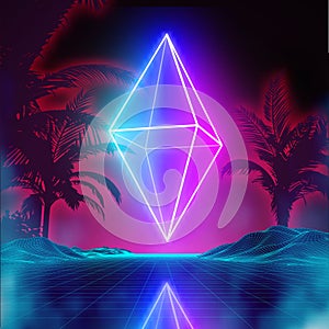 Retro futuristic background for game. Music 3d dance galaxy poster. 80s background disco. Neon rhombus synthwave digital