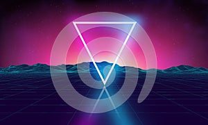 Retro futuristic background for game. Music 3d dance galaxy poster. 80s background disco. Neon triangle synthwave