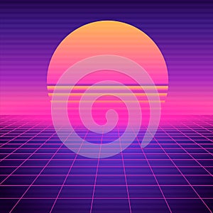 Retro futuristic background vaporwave. Neon geometric synthwave grid, light space with setting sun.