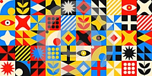 Retro futuristic bauhaus style colorful neo geometric style memphis contemporar seamless pattern neo geo abstract geometrical