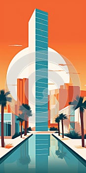 Retro-futuristic Beach Scene With Palm Trees And Buildings