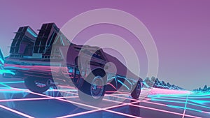 Retro futuristic car in 80s style moves on a virtual neon landscape. 3d illustration