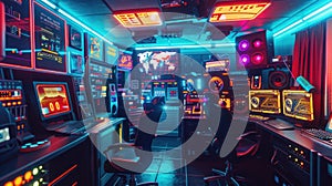 Retro futuristic cybersecurity war room neon-lit consoles 80s sci-fi aesthetics digital world