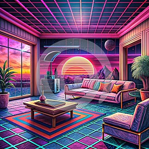 retro-futuristic design is featured on the walls.