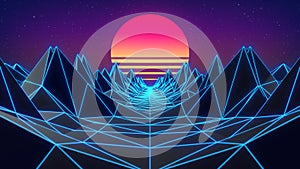 Retro futuristic digital landscape low poly 3D with sunset behind mountains and laser grid, 80s Retro Background concept. 3d